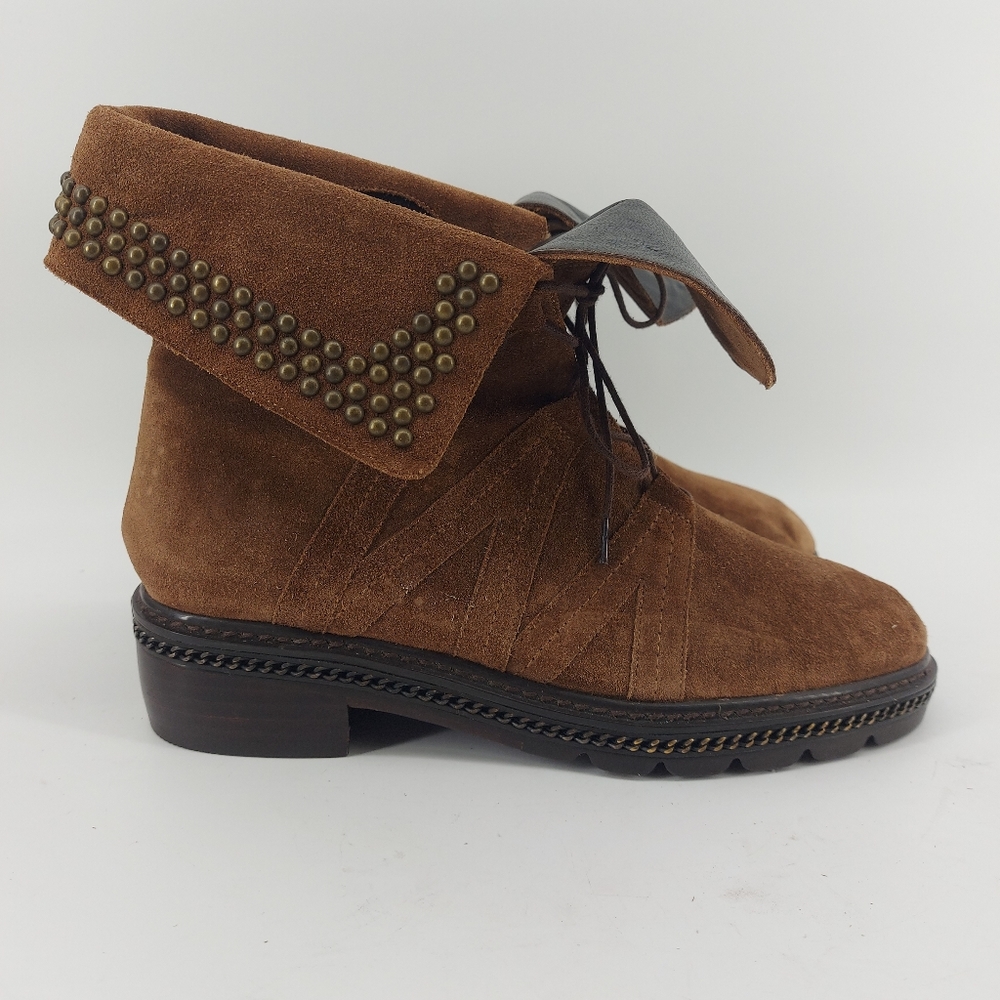 Stuart Weitzman 'Yadastud' Biker Ankle Boot Brown Suede 7M MSRP $585